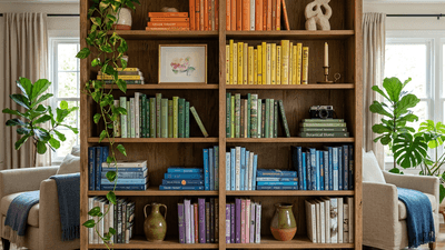 Styled bookshelf with books, art objects, and small plants